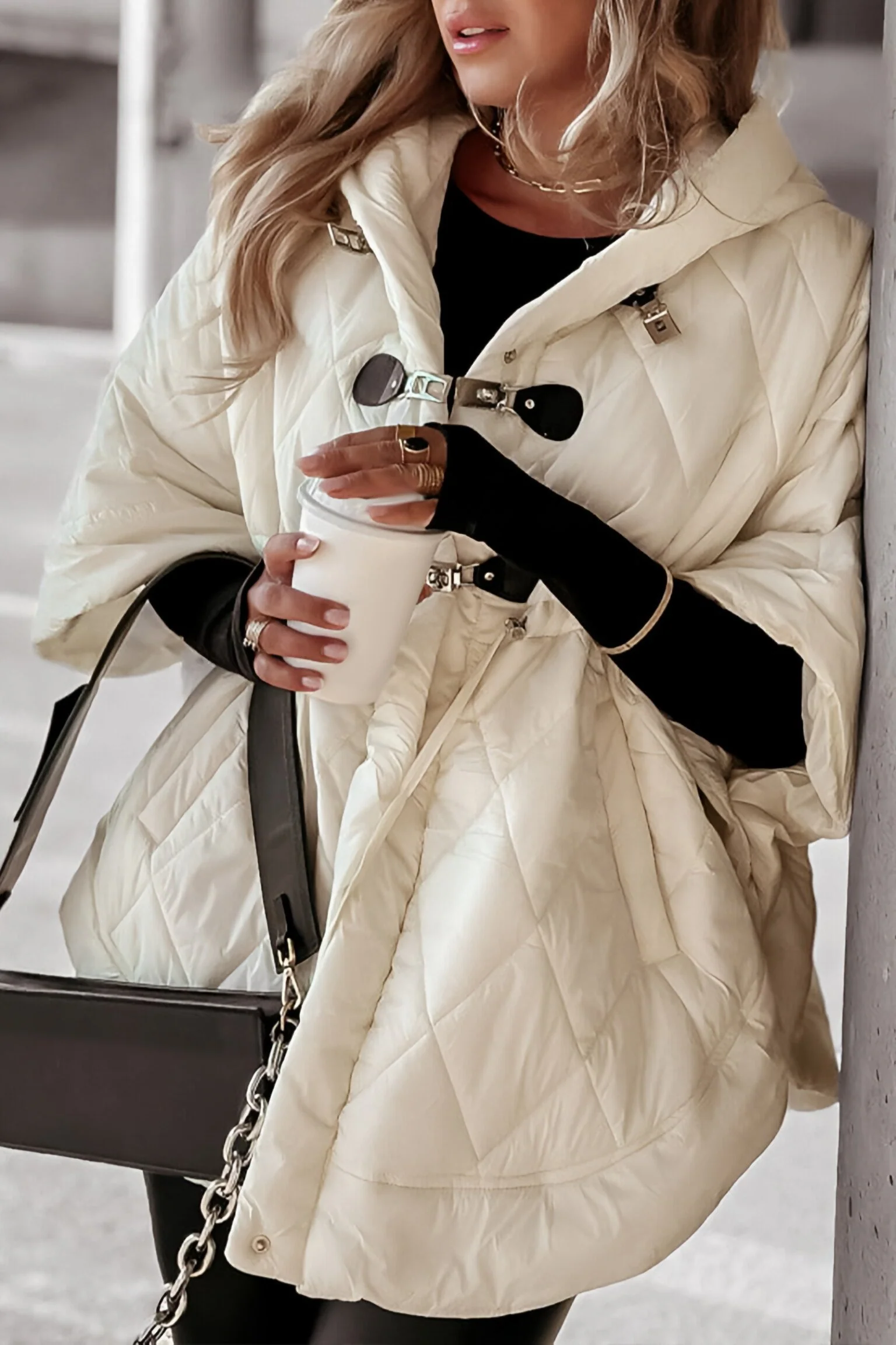 Women's Hooded Mid-sleeve Cape-style Cotton Coat